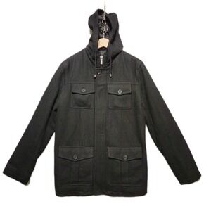 STRUCTURE Mens Small Black Wool Blend Hooded Field Jacket Coat Warm‎